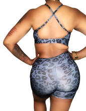 Load image into Gallery viewer, Charcoal Leopard Print Sports Bra Shorts Set
