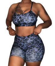 Cargar imagen en el visor de la galería, Charcoal Leopard Print Sports Bra Shorts Set