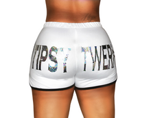 Load image into Gallery viewer, White Holographic &quot;TipsyTwerk&quot; Shorts